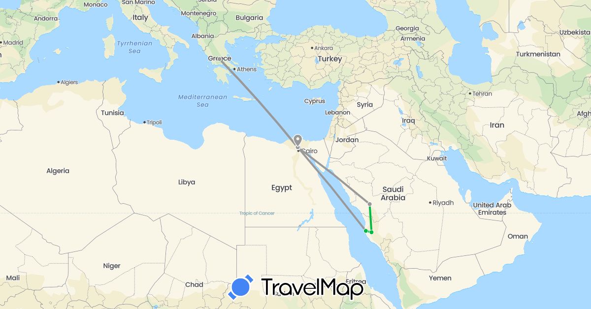 TravelMap itinerary: driving, bus, plane in Egypt, Greece, Saudi Arabia (Africa, Asia, Europe)
